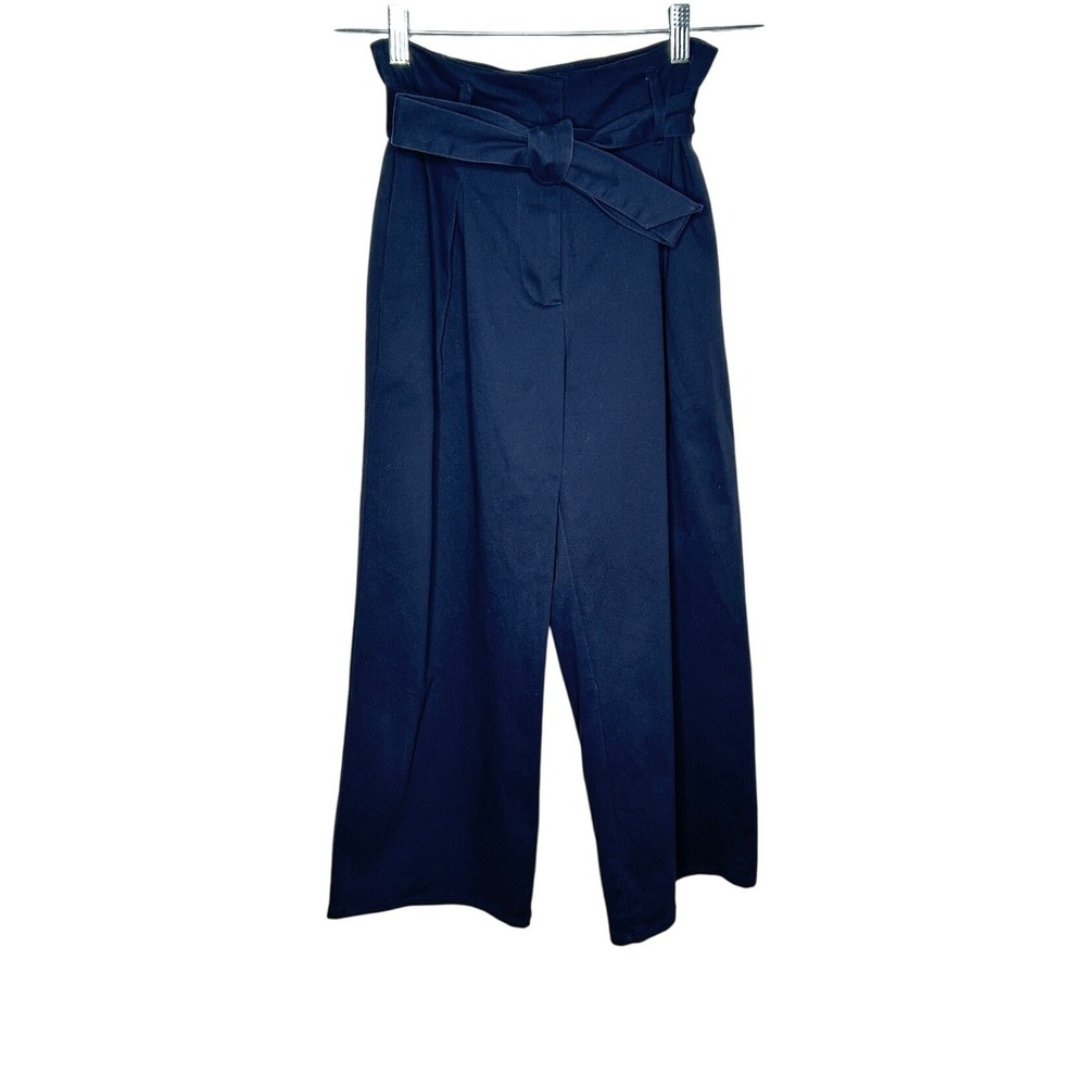 Cotton On Tailored Paperbag Wide Leg Pants 4 Pockets Cropped Navy Tie Waist